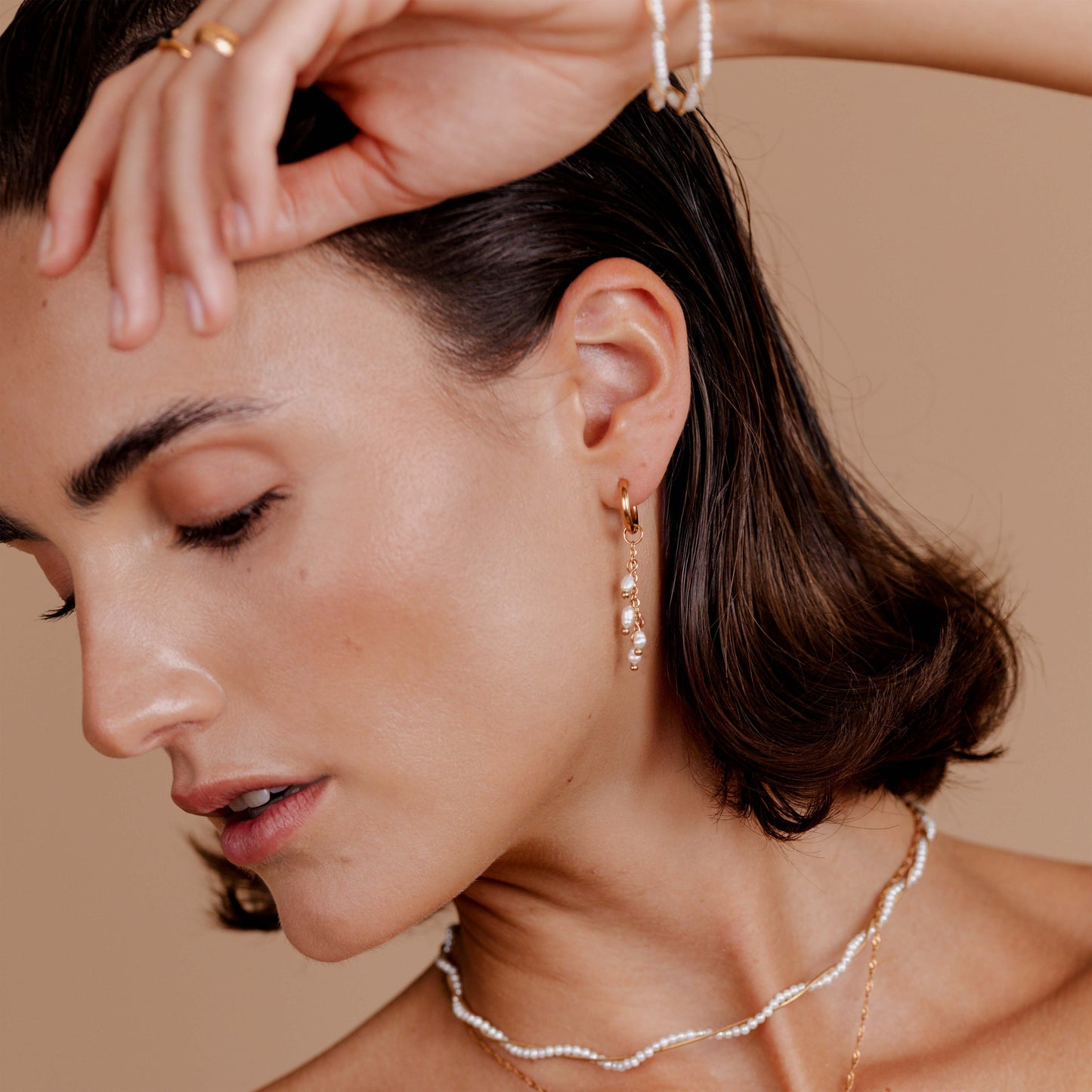 Pearl Chain Hoop Set Small Oro Rosa