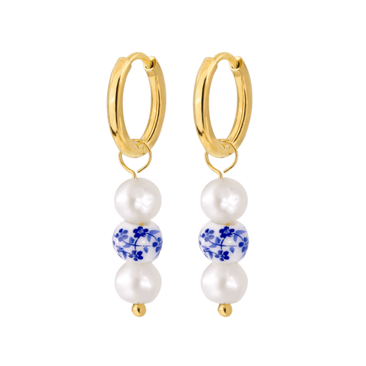 Flower Tile Pearl Hoop Set Small Oro