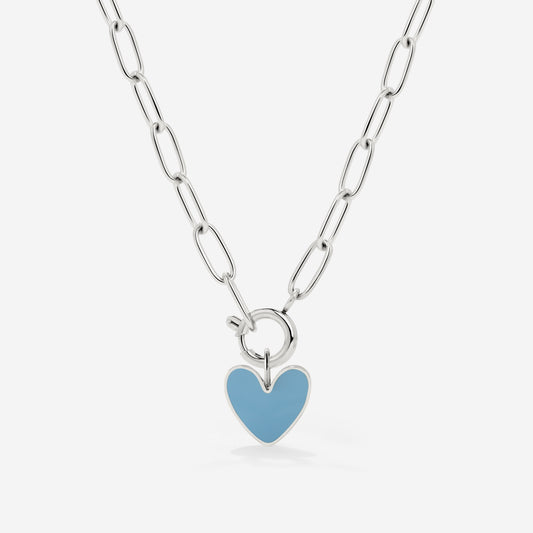 Blue Heart Oval Links Collana Set Argento