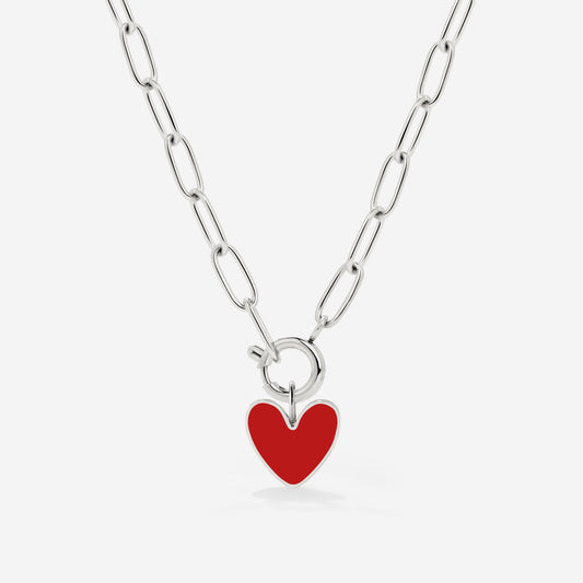 Red Heart Oval Links Collana Set Argento