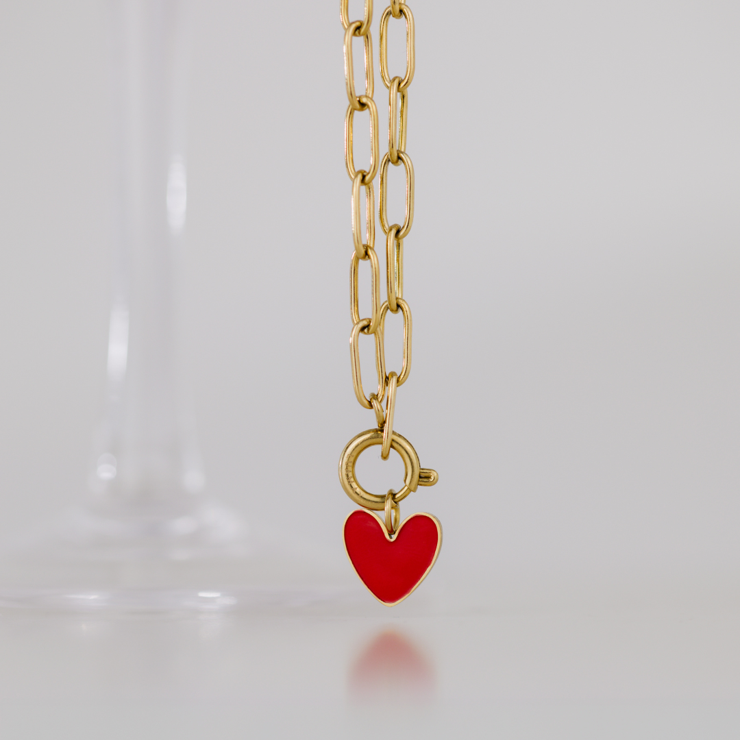 Red Heart Oval Links Collana Set Oro