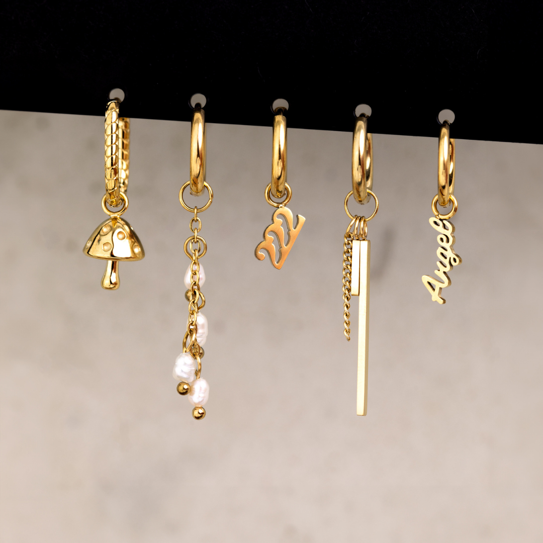 Pearl Chain Hoop Set Small Oro Rosa
