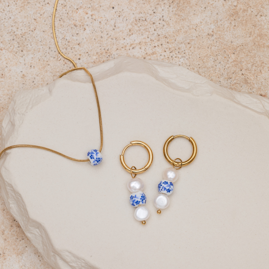 Flower Tile Pearl Hoop Set Small Oro