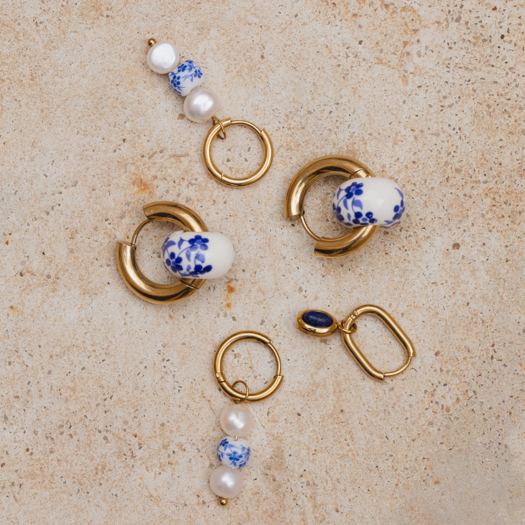 Flower Tile Pearl Hoop Set Small Oro