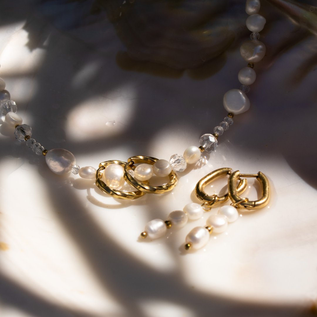 Triple Pearl Hoop Set Argento