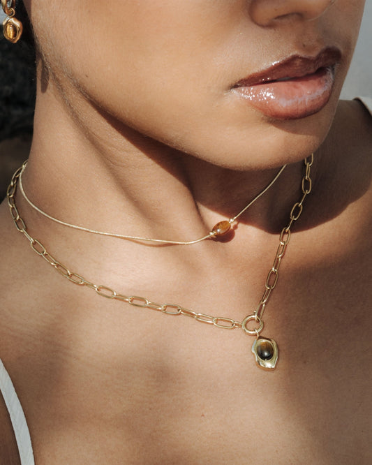 Tiger's Eye Oval Links Collana Set Oro