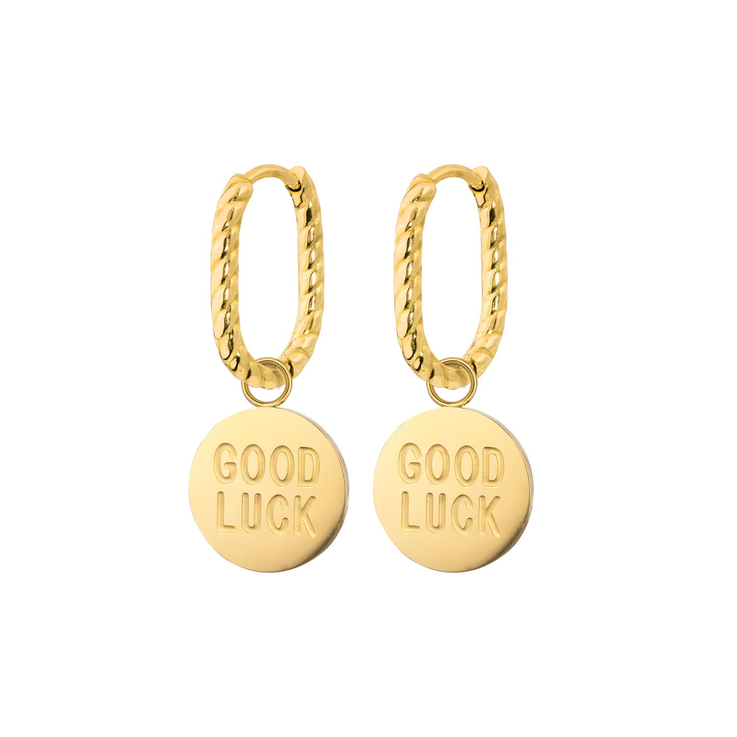 Good Luck Coin Oval Twisted Hoop Set Baby Oro
