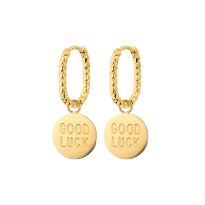 Good Luck Coin Oval Twisted Hoop Set Baby Oro