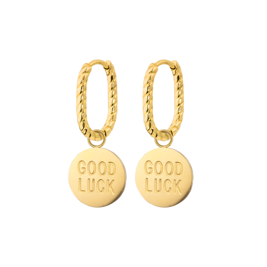 Good Luck Coin Oval Twisted Hoop Set Baby Oro