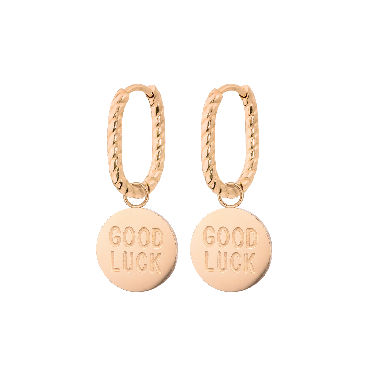 Good Luck Coin Oval Twisted Hoop Set Baby Oro Rosa