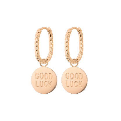 Good Luck Coin Oval Twisted Hoop Set Baby Oro Rosa