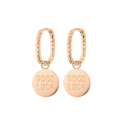 Good Luck Coin Oval Twisted Hoop Set Baby Oro Rosa