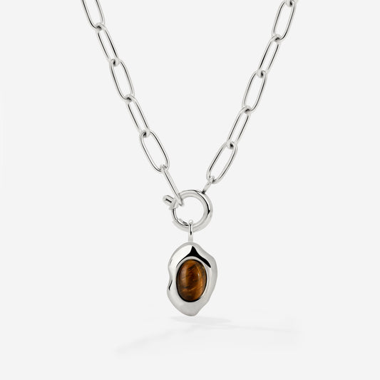 Tiger's Eye Oval Links Collana Set Argento