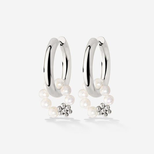 Chunky Flora Pearl Hoop Set Medium Argento