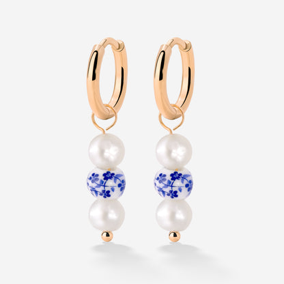 Flower Tile Pearl Hoop Set Small Oro Rosa