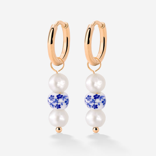 Flower Tile Pearl Hoop Set Small Oro Rosa