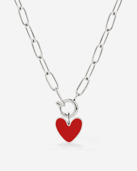 Red Heart Oval Links Collana Set Argento