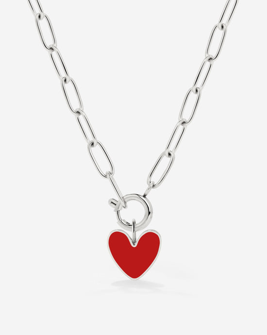 Red Heart Oval Links Collana Set Argento