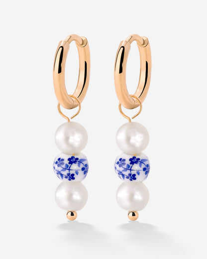 Flower Tile Pearl Hoop Set Small Oro Rosa