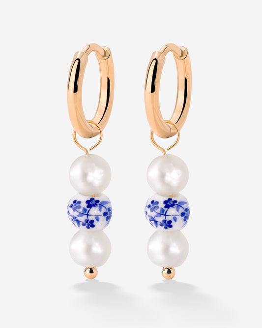 Flower Tile Pearl Hoop Set Small Oro Rosa