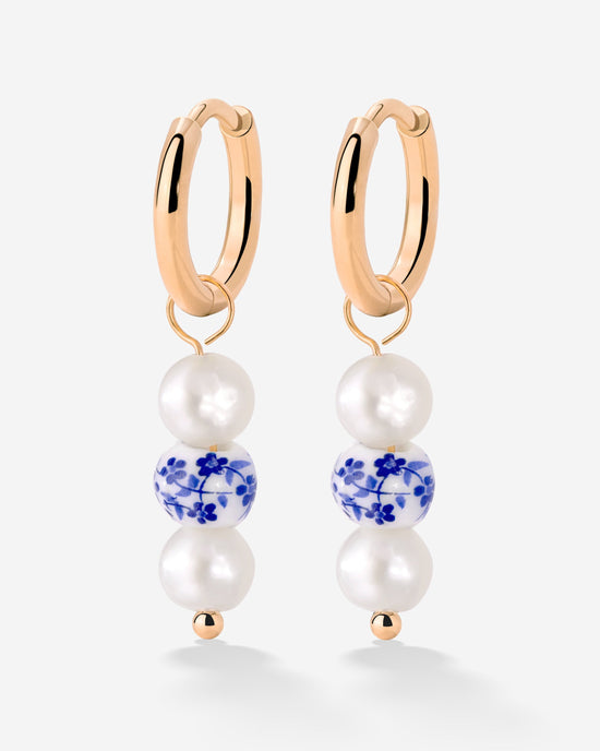Flower Tile Pearl Hoop Set Small Oro Rosa