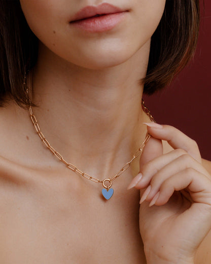 Blue Heart Oval Links Collana Set Oro Rosa