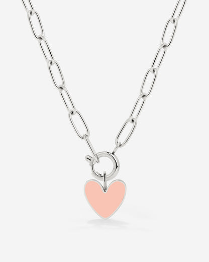 Pink Heart Oval Links Collana Set Argento