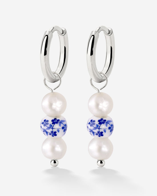 Flower Tile Pearl Hoop Set Small Argento
