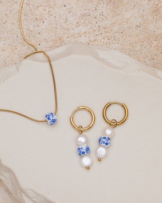 Flower Tile Pearl Hoop Set Small Oro