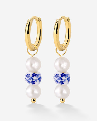 Flower Tile Pearl Hoop Set Small Oro