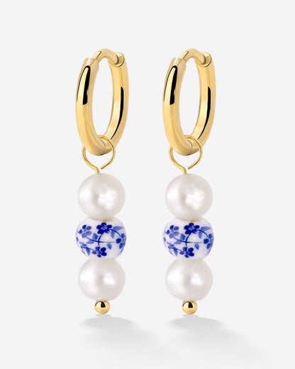 Flower Tile Pearl Hoop Set Small Oro
