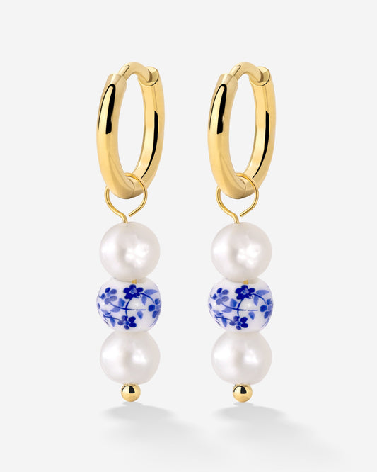 Flower Tile Pearl Hoop Set Small Oro