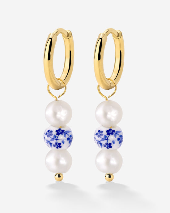 Flower Tile Pearl Hoop Set Small Oro