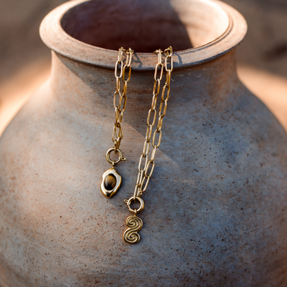 Tiger's Eye Oval Links Collana Set Oro