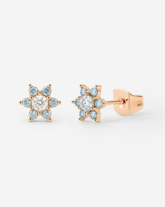 Orecchini a perno con petali blu scintillanti in Oro Rosa