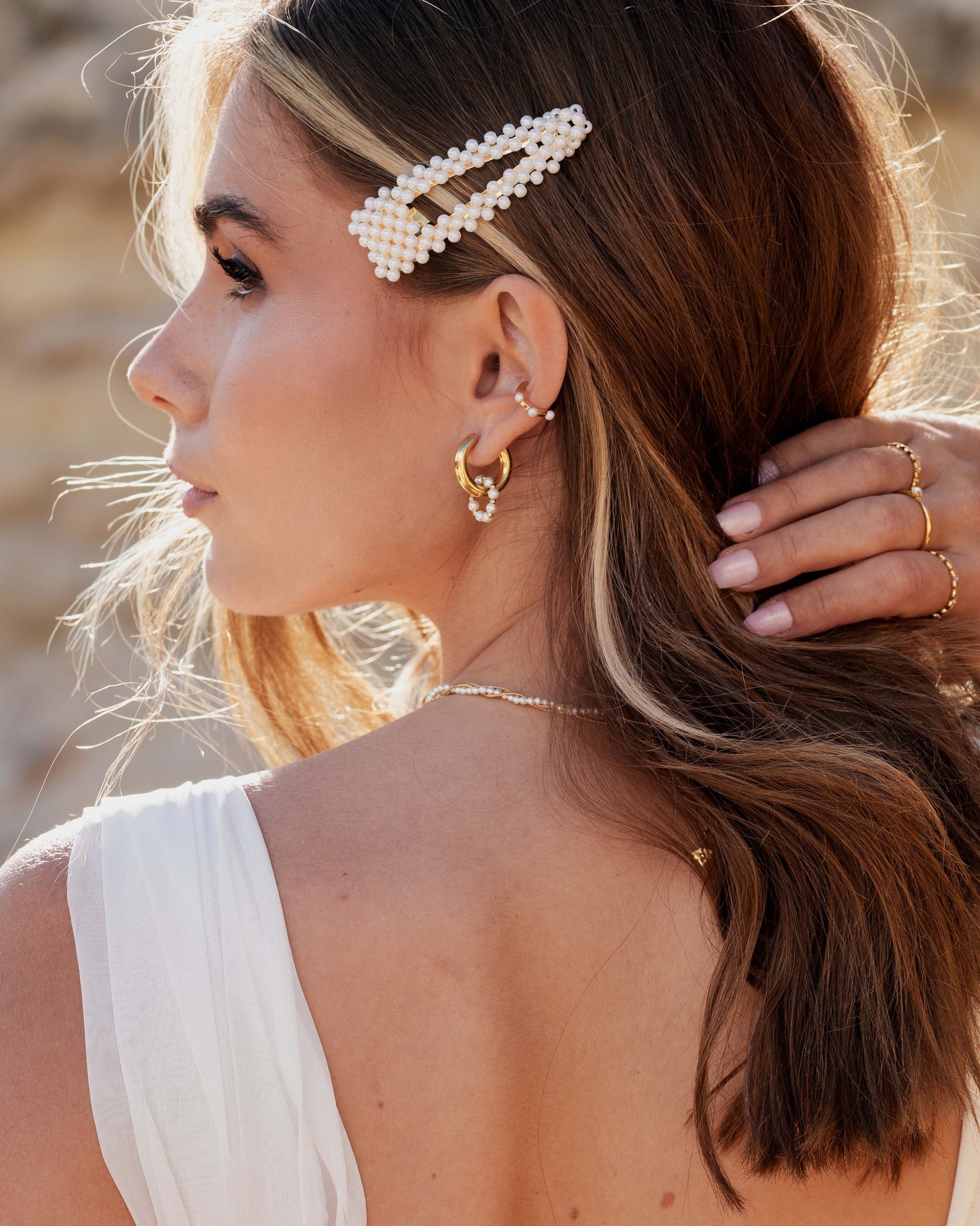 Chunky Pearl 'n' Beads Hoop Set Medium Oro