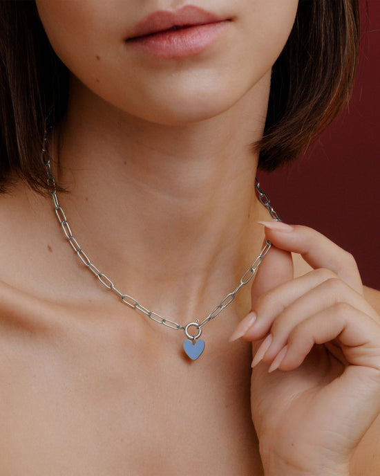 Blue Heart Oval Links Collana Set Argento