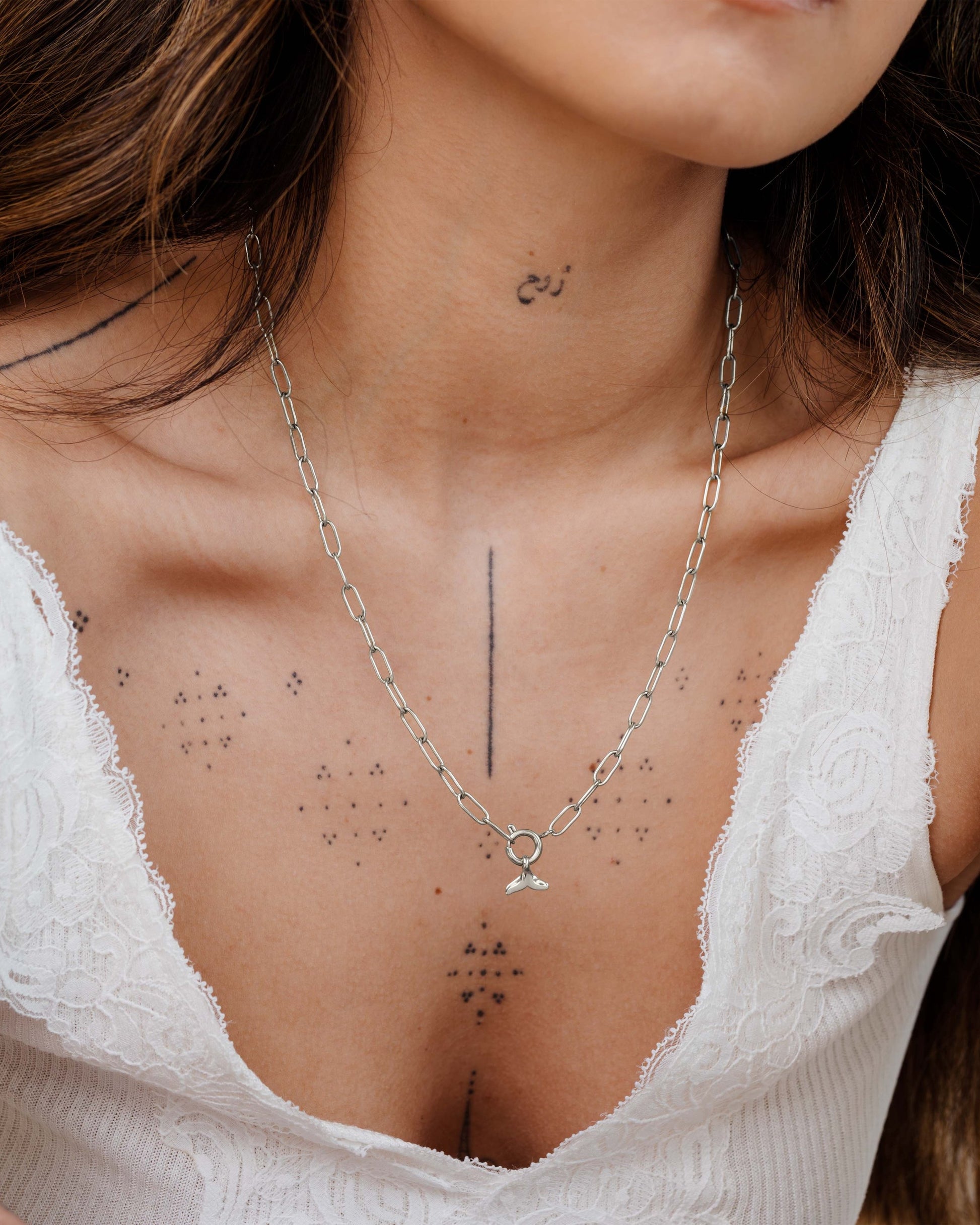 Whale Tail Oval Links Collana Set Argento