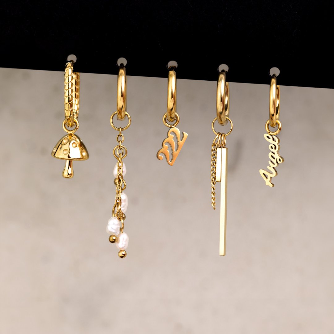 Pearl Chain Hoop Set Small Oro Rosa