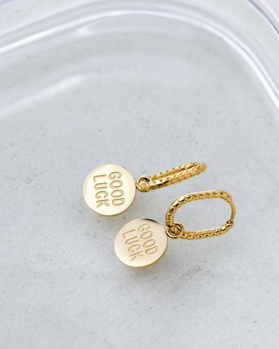Good Luck Coin Oval Twisted Hoop Set Baby Oro