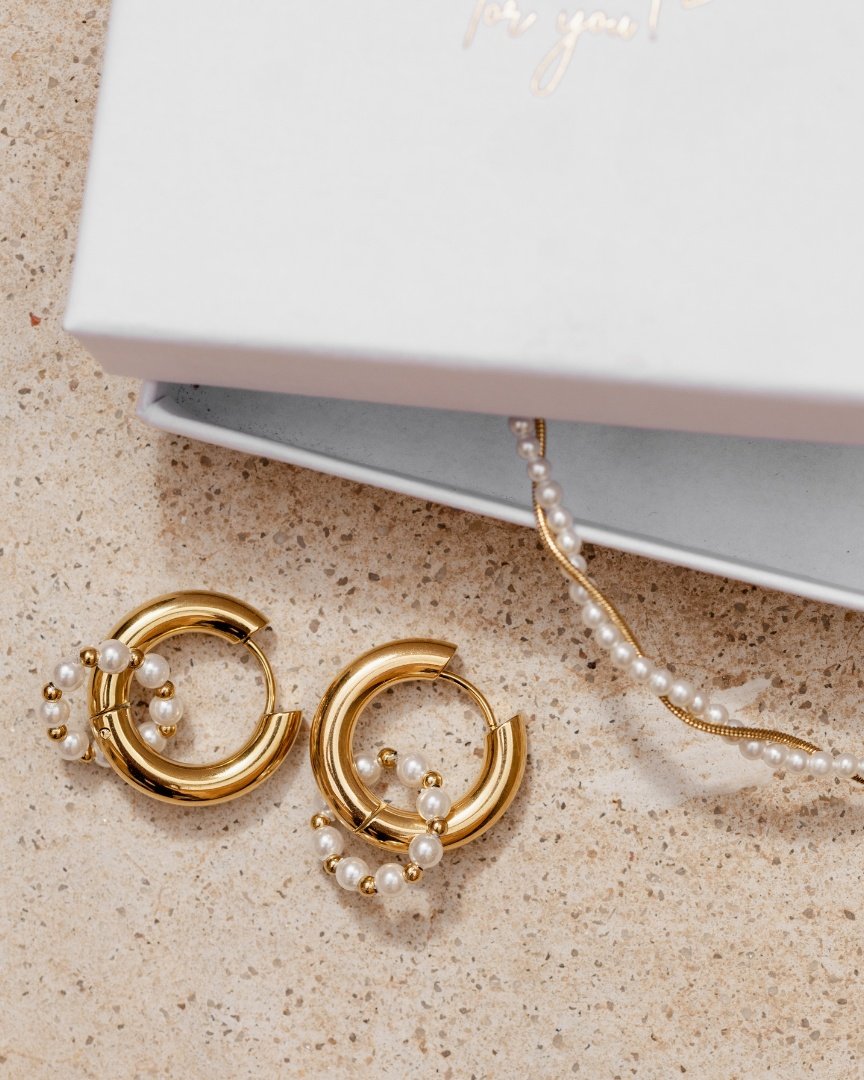 Chunky Pearl 'n' Beads Hoop Set Medium Oro