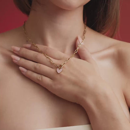 Pink Heart Oval Links Collana Set Argento